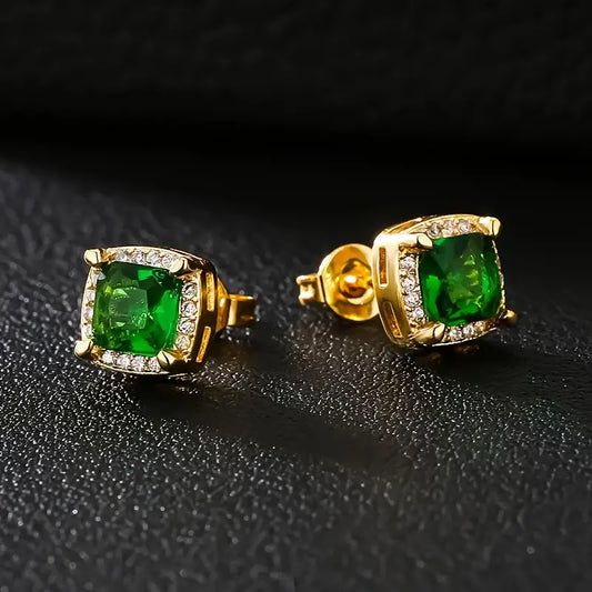 金色のエメラルド・ヘイロー・スタッドピアス