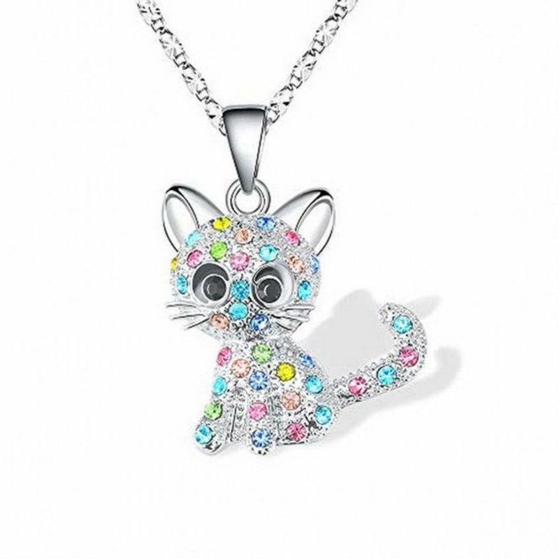 銀色の子猫とカラージルコニアのネックレス