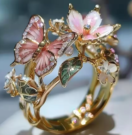 ヴィンテージ金色のプリフディダナス花モチーフリング
